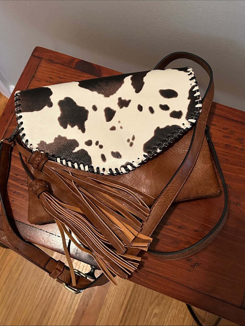 Brown Leather Crossbody with Black-and-White Cowhide Flap and Tassel- NWOT